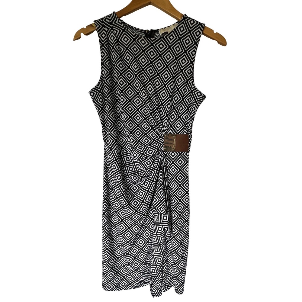 NWT Michael Kors‎ Petite Black White Geometric Diamond Print Sheath Dress P/S